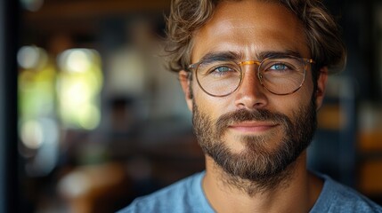 Fototapeta premium A young man with glasses and a beard smiles confidently in a cozy café setting during the morning hours