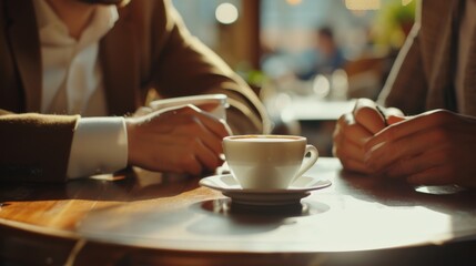 Two business professionals engage in a focused conversation over coffee at a wooden table in a bright, inviting cafe. The scene emphasizes networking, professional relationships, and productive