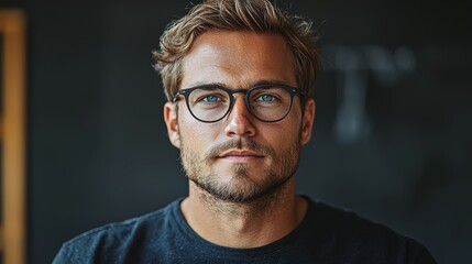 Obraz premium Young man with glasses and tousled hair poses confidently against a dark background, capturing a thoughtful expression in a relaxed setting