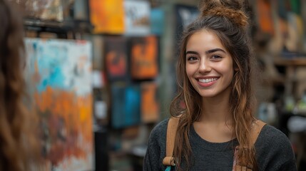 Art students critiquing each work in a studio, one making a funny comment that lightens the mood, paint splatters and unfinished canvases around, creative and relaxed atmosphere,