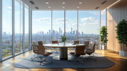 Fototapeta premium A modern conference room with a round table, comfortable chairs, and a panoramic view of the city from large windows