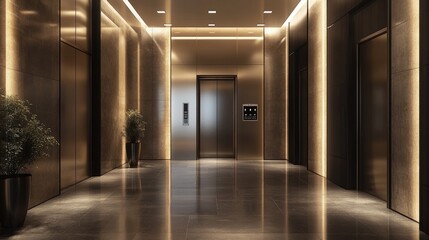 A modern elevator lobby with metallic finishes, sleek lighting, and a digital directory screen, in a high-rise building -