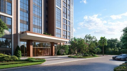 A modern high-rise residential building with a unique facade design, large windows, and a landscaped entrance area -