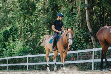Young rider on a horse enjoying a sunny day at an outdoor equestrian venue surrounded by lush greenery.