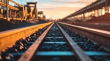 Fototapeta premium A close-up view of railway tracks leading into an industrial area at sunset.