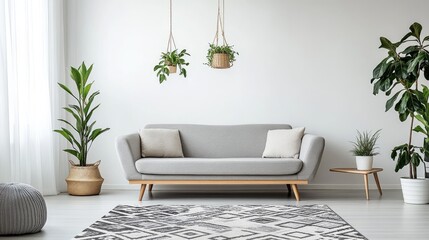A modern living room with minimalist decor, featuring a grey sofa, geometric rug, and potted plants against a white wall