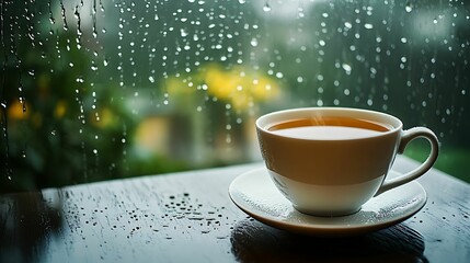 Obraz premium A steaming cup of coffee on a wet table near a rain-speckled window, capturing the warmth and comfort of a cozy rainy day.