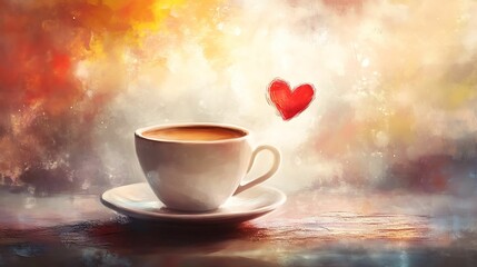 Fototapeta premium Artistic depiction of a coffee cup on a table, with a floating red heart and warm abstract background, symbolizing love.