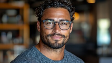 A man with curly hair and glasses smiles warmly in a cozy café setting during the afternoon hours