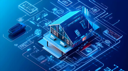 Smart Home 3D Illustration with Blue Neon Lines