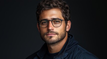 Obraz premium A young man with curly hair and glasses poses confidently against a dark background in a casual jacket, showcasing a thoughtful expression