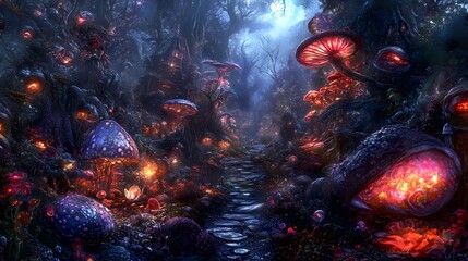 Fototapeta premium A magical forest path illuminated by glowing mushrooms and lanterns.