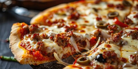 Sausage Pizza with Onions, Mozzarella, and Green Olives - Convenient Slice with Utensils