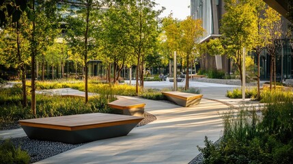 Obraz premium A modern public park with sleek benches, walking paths, and a mix of natural greenery and urban elements