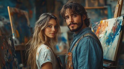 Fototapeta premium Couple painting together in their home studio, mixing colors on a palette, creative and relaxed atmosphere, paintings and supplies scattered around,