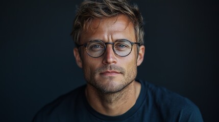 A thoughtful man in glasses looks directly at the camera, showcasing a natural and relaxed demeanor in a subtle indoor setting