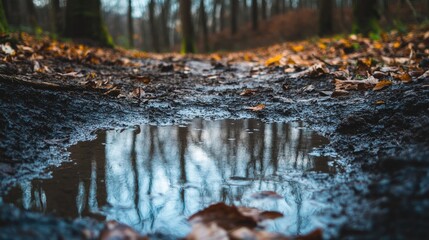 A muddy forest ground after rain, with puddles reflecting the sky and scattered leaves and branches around