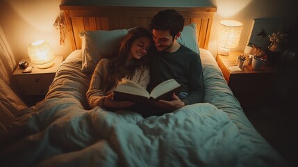 Obraz premium Couple reading together in bed, each with their own book, soft light from bedside lamps, cozy and intimate,