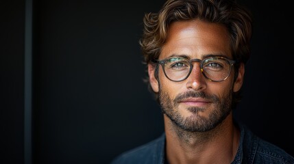 Obraz premium A young man with glasses poses confidently against a dark background, highlighting his charm and style in a casual setting