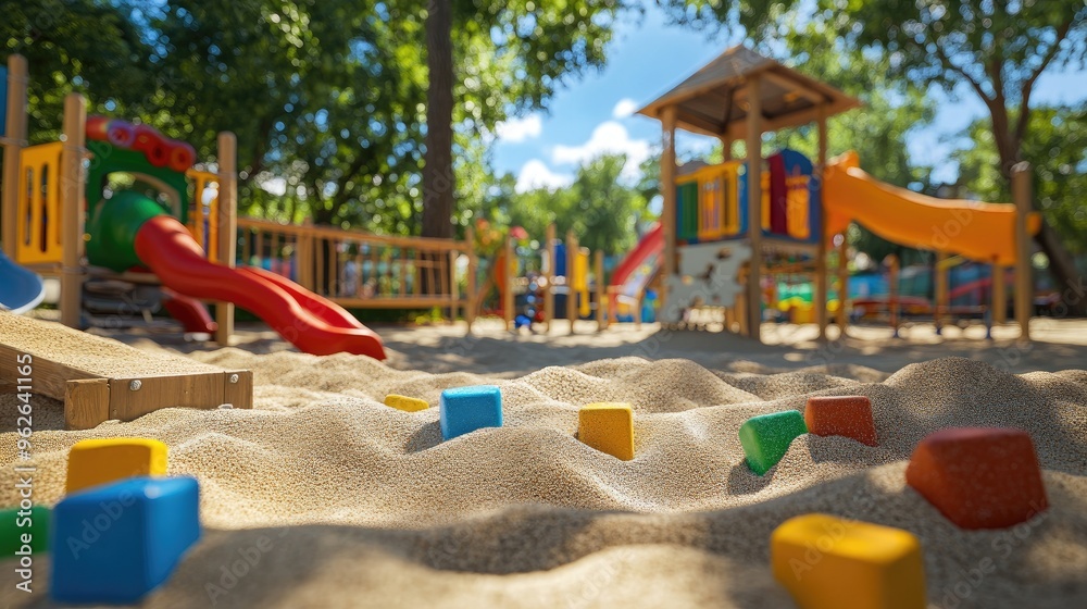 Fototapete a playground sandbox with colorful toys, showing a fun and playful environment under the bright sun 