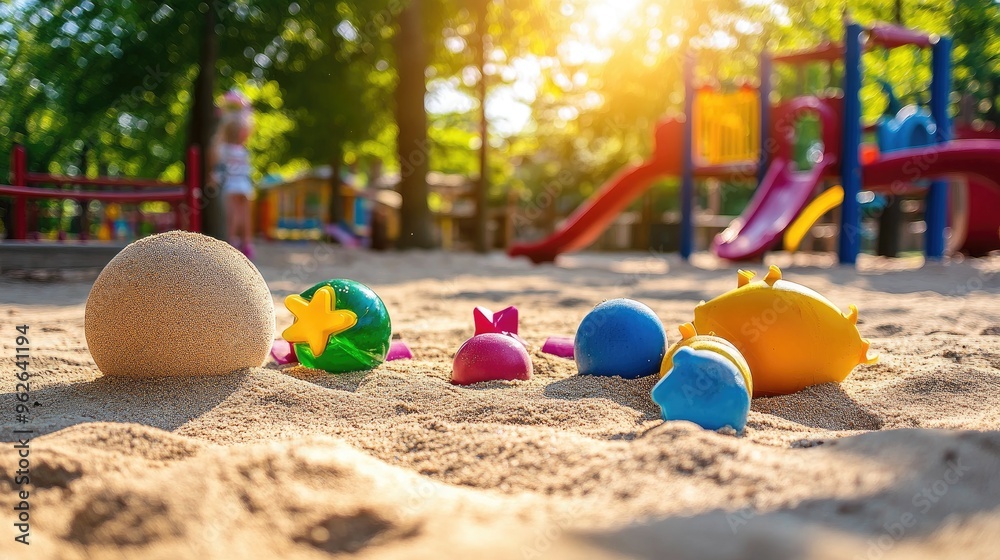 Fototapete a playground sandbox with colorful toys, showing a fun and playful environment under the bright sun 