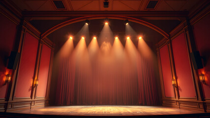 Stage lights forming an arch, soft warm tones, elegant and welcoming atmosphere, classic theater vibe