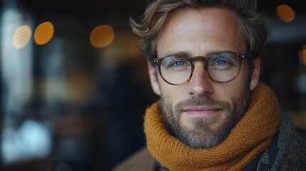 A young man with glasses and a thick scarf poses warmly in a cozy café, highlighting the ambiance of autumn vibes and intimate gatherings