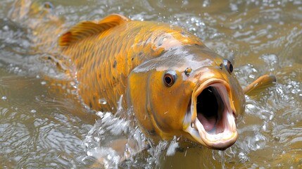 Golden Koi Fish with Mouth Open Wide in Water, Wildlife Photography, Animal Themes, Close Up View