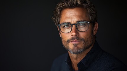 Obraz premium A man with glasses poses confidently against a dark background in a stylish outfit, showcasing a thoughtful expression