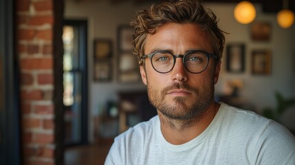 Obraz premium Young man with curly hair and glasses posing thoughtfully in a cozy indoor setting during daylight