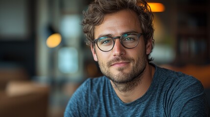 Obraz premium Young man with glasses smiling warmly in a cozy indoor setting during daylight hours