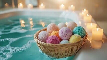A small basket filled with colorful bath bombs and bath salts, arranged on the edge of a spa bath with candles around