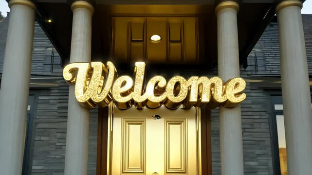  Welcoming entrance with a large illuminated "Welcome" sign in gold, set against a grand doorway with pillars, conveying hospitality and warmth