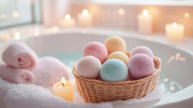 A small basket filled with colorful bath bombs and bath salts, arranged on the edge of a spa bath with candles around