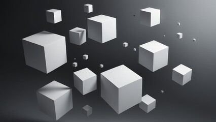 Abstract background with floating white cubes on a dark grey background.