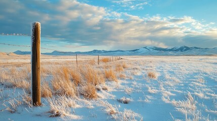 A snow-dusted ground in a rural setting, with a lone fence post and distant mountains under a soft winter morning light