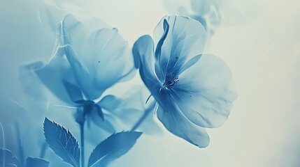 Cyanotype prints of daffodils flower, copy space, modern art, abstract artwork, abstract background, aesthetic wallpaper, abstract landscape 