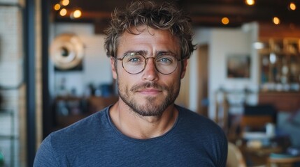 Obraz premium Young man with stylish glasses posing indoors in a cozy, well-decorated setting, showcasing casual fashion and relaxed demeanor