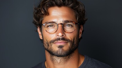 Obraz premium A man with curly hair and glasses poses confidently against a dark background highlighting his facial features