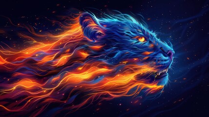 A vibrant, fiery lion's head with flowing mane, blending colors of blue and orange against a dark background.