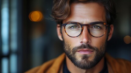 A stylish man with glasses poses confidently in a cozy indoor setting during the late afternoon glow