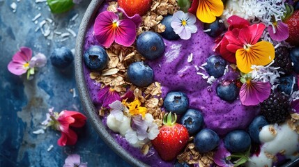 A vibrant purple acai smoothie bowl topped with fresh berries, granola, coconut flakes, and edible flowers
