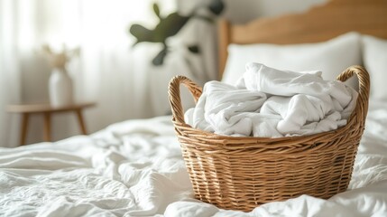 Obraz premium A wicker basket holding folded, clean laundry, placed on a bed with fresh white linens and a cozy bedroom atmosphere
