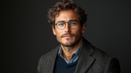 Obraz premium Stylish young man with curly hair and glasses dressed in a blazer, posed against a dark background in a modern studio setting