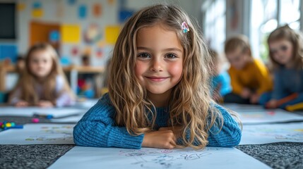 Kindergarten children drawing on large sheets of paper on the floor, one child scribbling outside the lines with a giggle, bright and cheerful classroom,