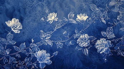 Cyanotype prints of golden daffodils flower on silk blue clothe , copy space, modern art, abstract artwork, abstract background, aesthetic wallpaper, abstract landscape 