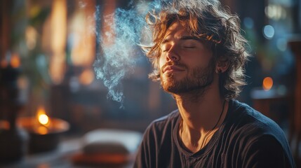 Man practicing a breathing exercise while sitting on a meditation cushion, incense burning nearby, dimly lit room, tranquil and focused,