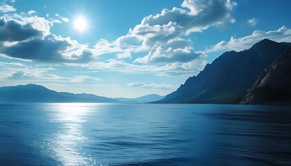 The tranquil sea surface contrasts with the distant mountains, and the water surface shines in the sun, as if immersed in blue dreams.