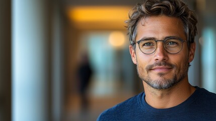 Man with glasses and tousled hair smiles confidently in a modern indoor setting during daylight hours