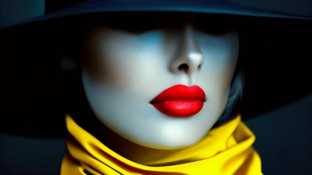 A striking fashion close-up showcasing bold red lips and elegant accessories against a dark background